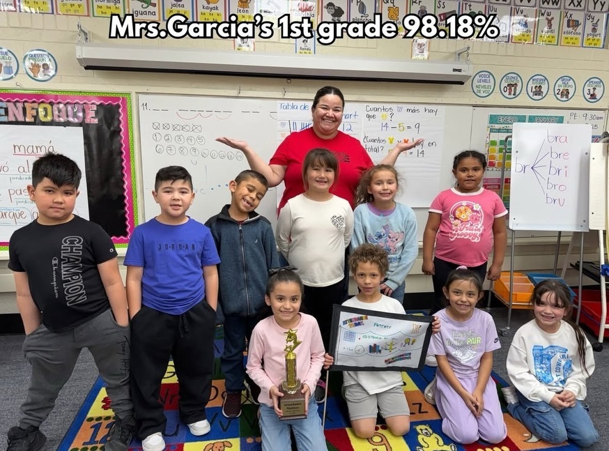 MIlls  students and teacher with trophy