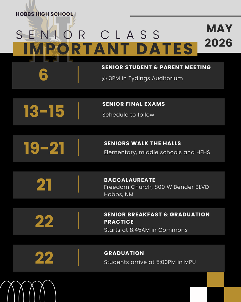 Hobbs High School Senior Class Important Dates in the Month of May 2026