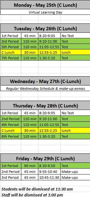2026  Hobbs Freshmen HS Spring Final Exams Schedule