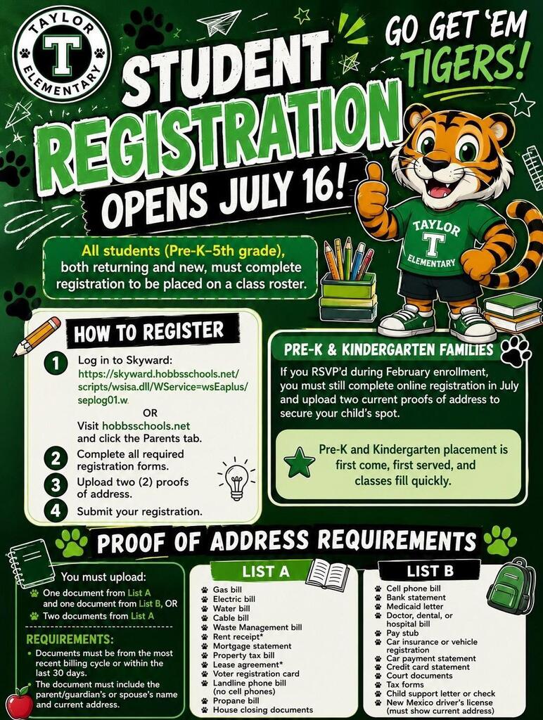 Registration information for 26-27 school year