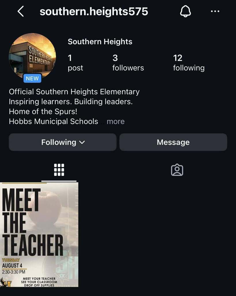 Screenshot of Southern Heights Instagram landing page