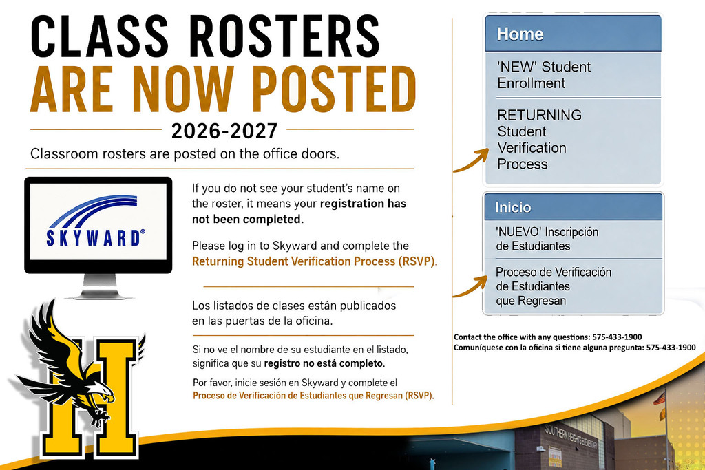 Flyer-2026-2027 class rosters are posted. Complete Skyward RSVP if your student is not listed.