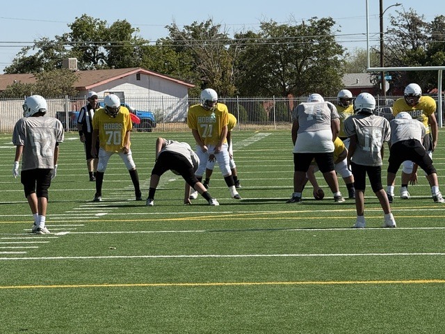 Football players getting ready to line up for play on a field.