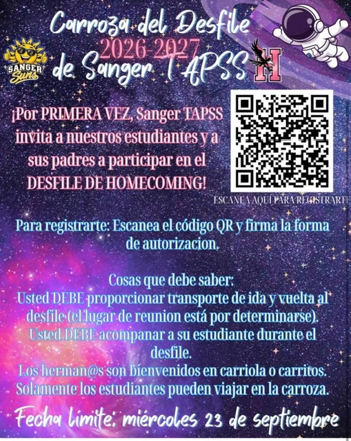 Participate in Sanger’s float for homecoming parade!