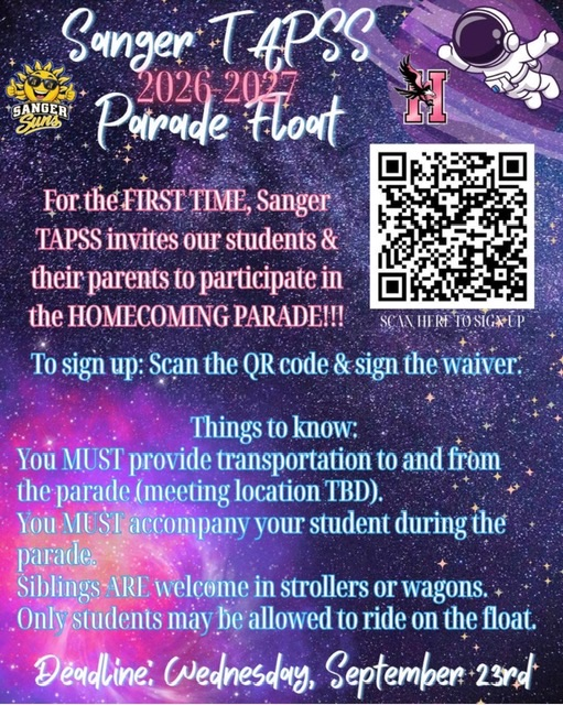 Participate in Sanger’s float for homecoming parade!