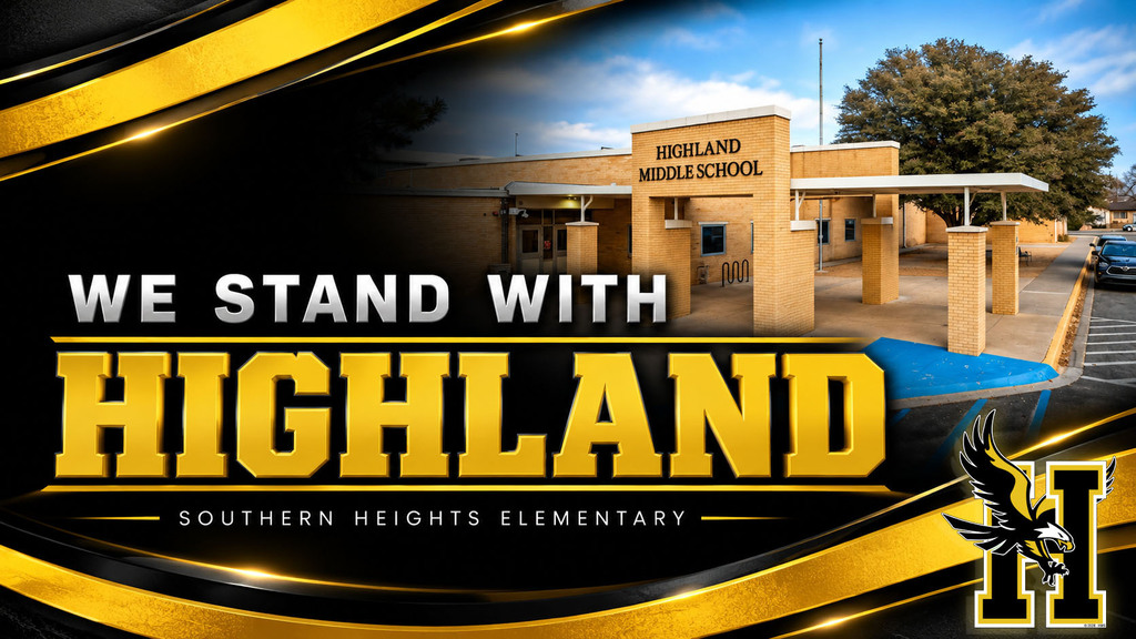 Black and gold graphic featuring Highland Middle School with the words “We Stand With Highland” and “Southern Heights Elementary” in support of the Highland community.