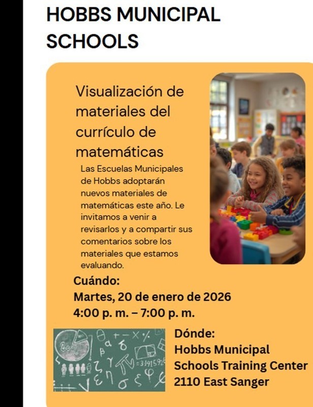 HMS Math Curriculum Materials Viewing Flyer for the students in the district located at HMS Training Center in spanish