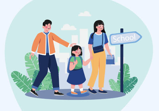 Cartoon of two parents walking a child to school