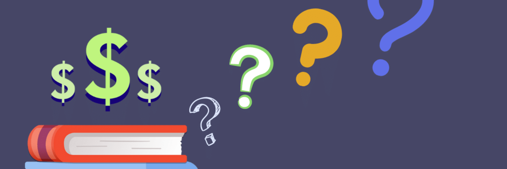 Image of book and dollar signs and question marks