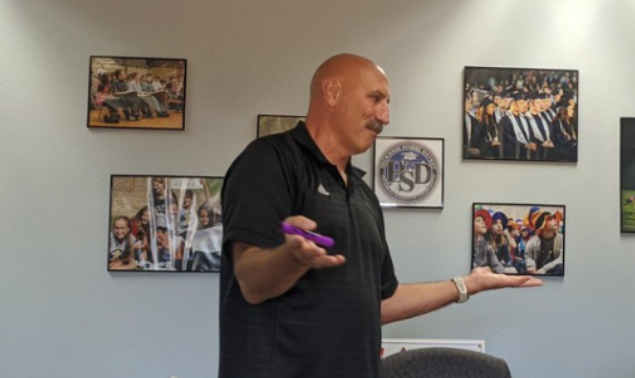 Rick Steele, retired Battalion Chief for the Vancouver Fire Department and former HHS football coach, speaks during a Q & A session.