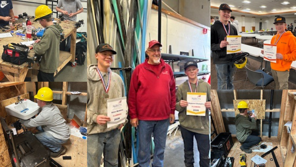 Collage of two boys doing construction, plumbing and framing work with photo in middle of students holding certificates.