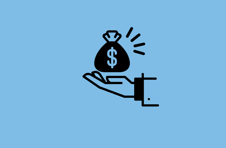 Line drawing of a hand holding a bag with a dollar sign on it.