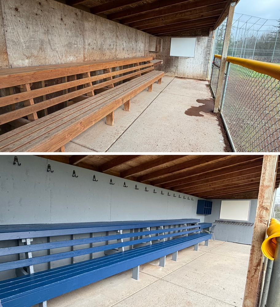 Before and after dugout benches. The benches and walls were painted, floor cleaned, and hooks added to the wall.