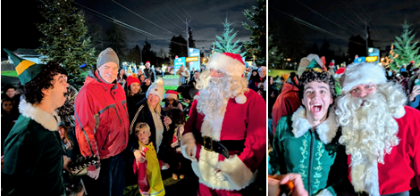 Side by side pictures of Buddy meeting Santa at Dec. 5 Tree Lighting
