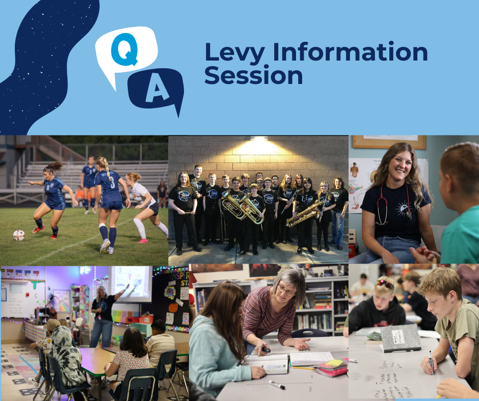 Text reads "Levy Information Session" with photos below it depicting athletics, band, school nurse, art class, and Advanced Placement classes.