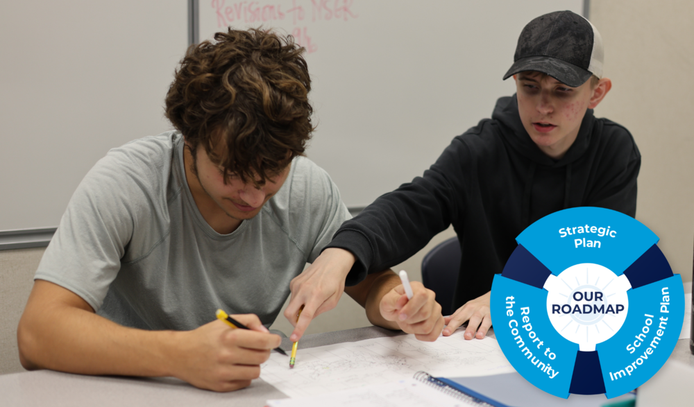 Two students write and collaborate at a desk