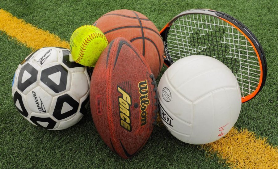 Photo of sports balls and a tennis racket on a grass field.