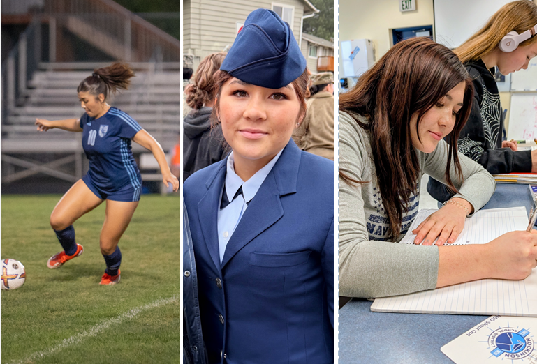 Three pictures of Bridget Brennan playing soccer, in JROTC uniform and in the classroom