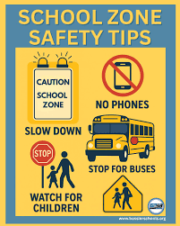 Safety reminder graphic re: school zones and students