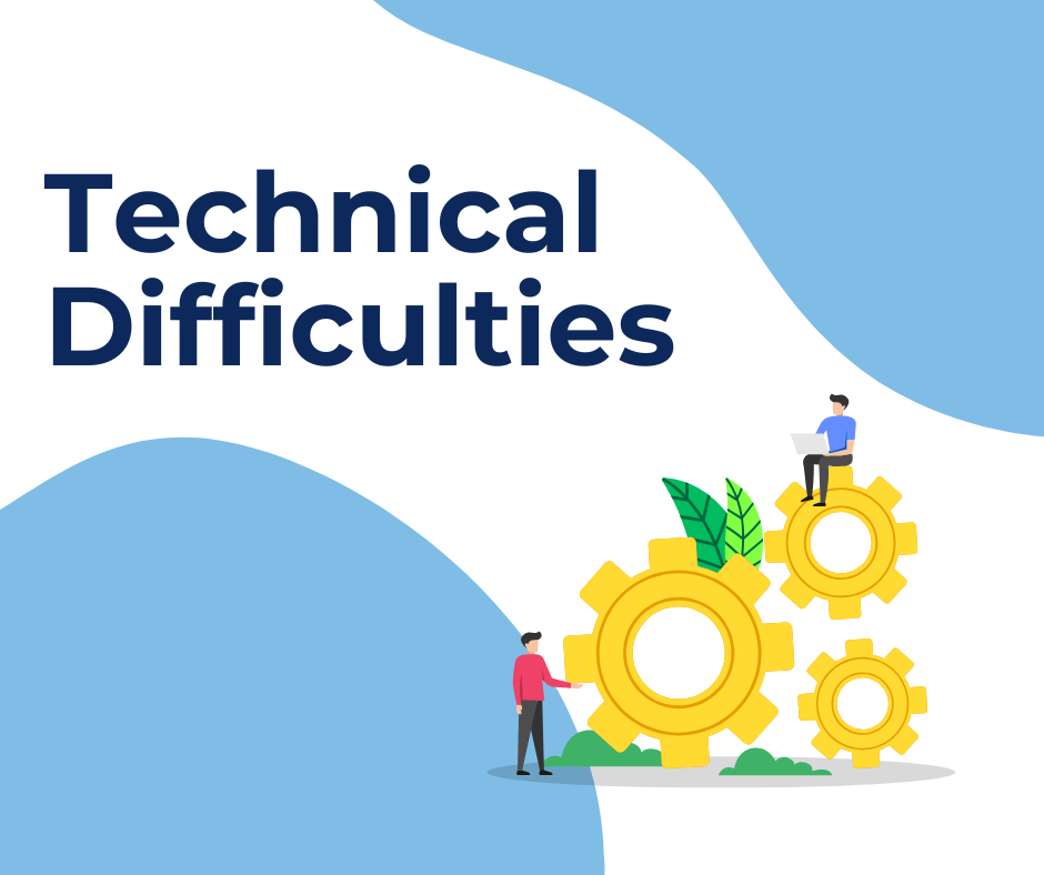 Image text reads "Technical Difficulties" with a decorative illustration of gears and two people.