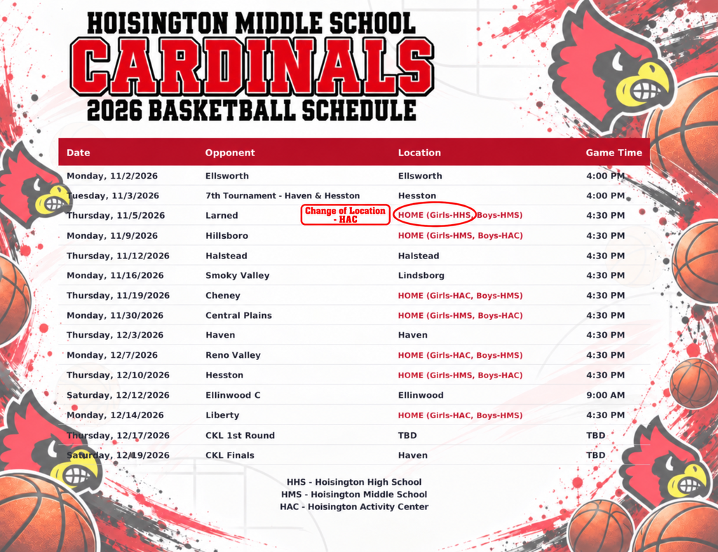 HMS Basketball Schedule w/ change of Location on Nov. 5