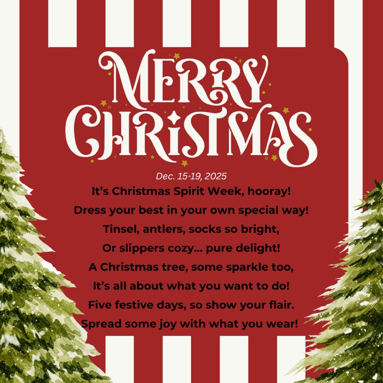 Graphic describing the upcoming Christmas spirit week December 15-19