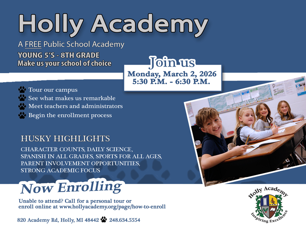 New Family Information Night. Students sitting at desks working. Holly Academy Crest.