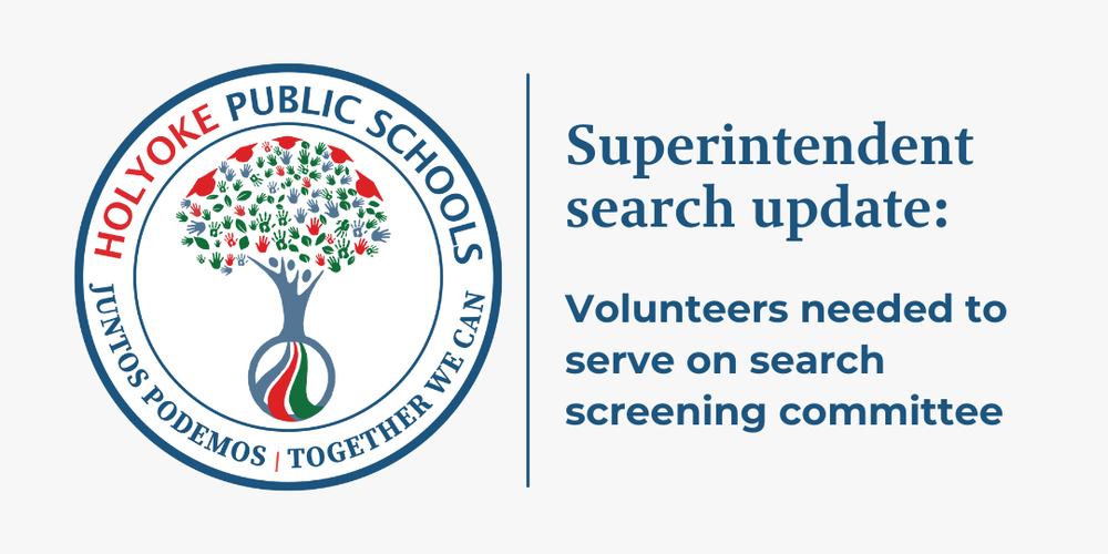 HPS logo with text: Superintendent search update: Volunteers needed to serve on search screening committee