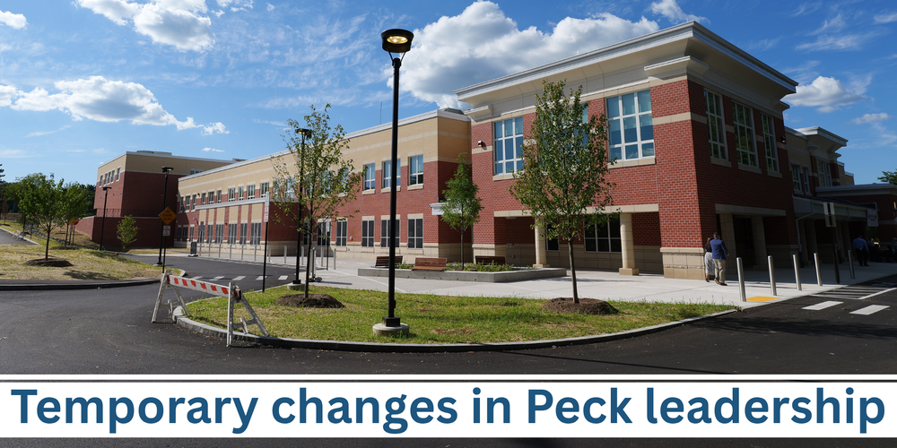 graphic that reads "temporary changes in peck leadership" with a photo of exterior of building