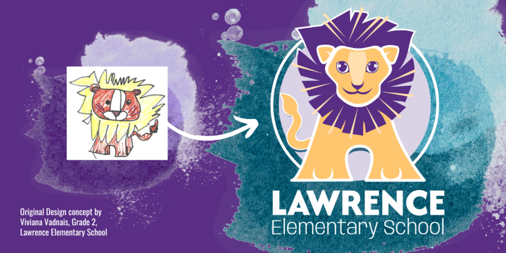 Child's drawing of a lion with arrow pointing to final logo based on the drawing
