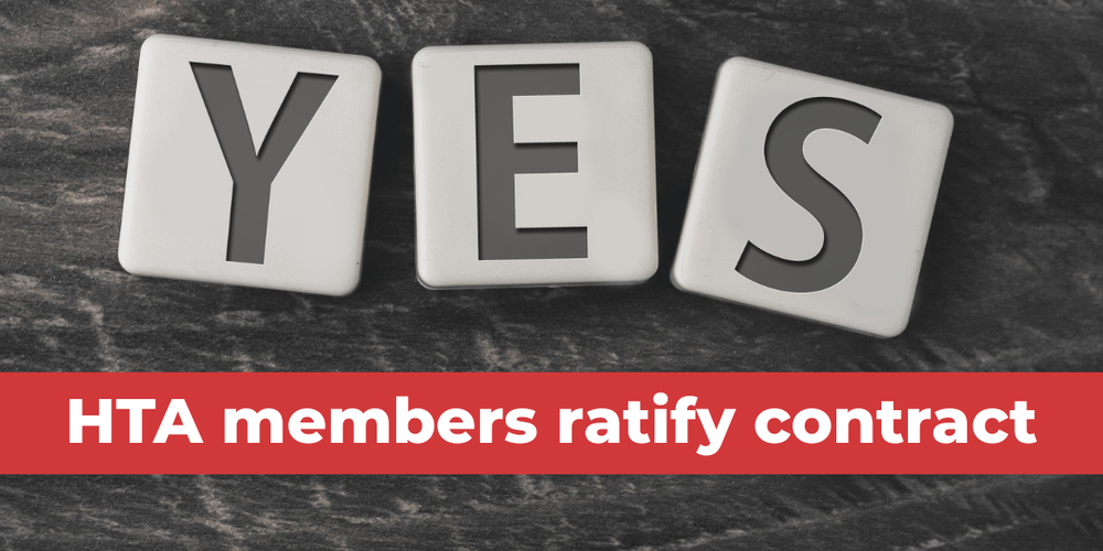 YES spelled out on tiles with text: HTA members ratify contract