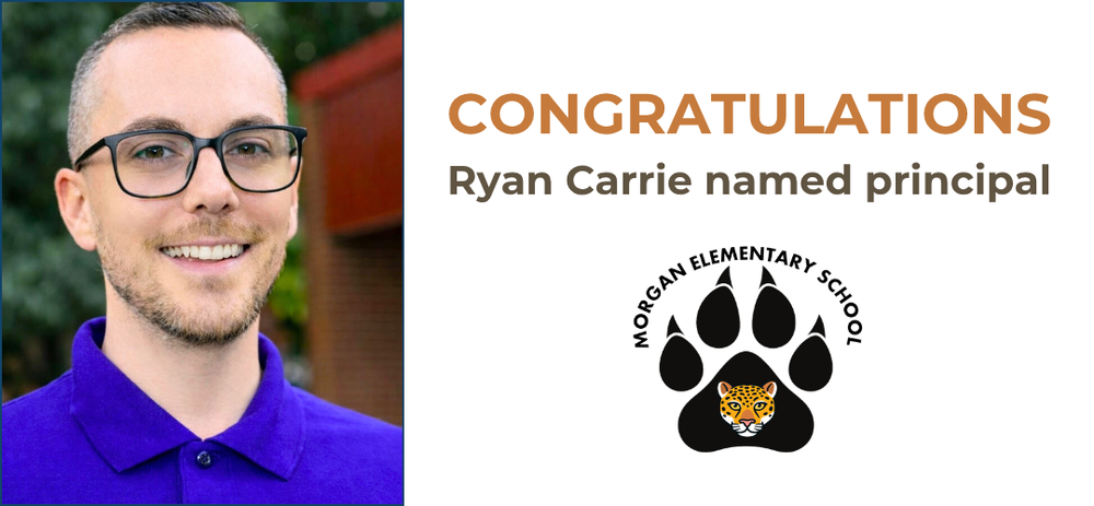 Ryan Carrie head shot plus Morgan Elementary School logo with jaguar face and paw print