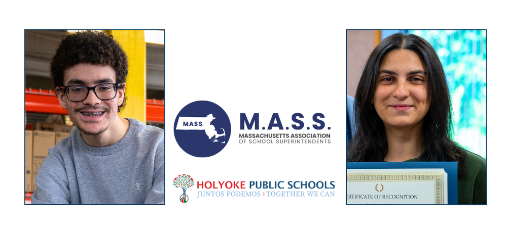 Head shots of two students with two logos