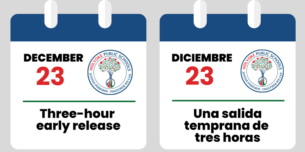 Calendar with text: December 23, three-hour early release