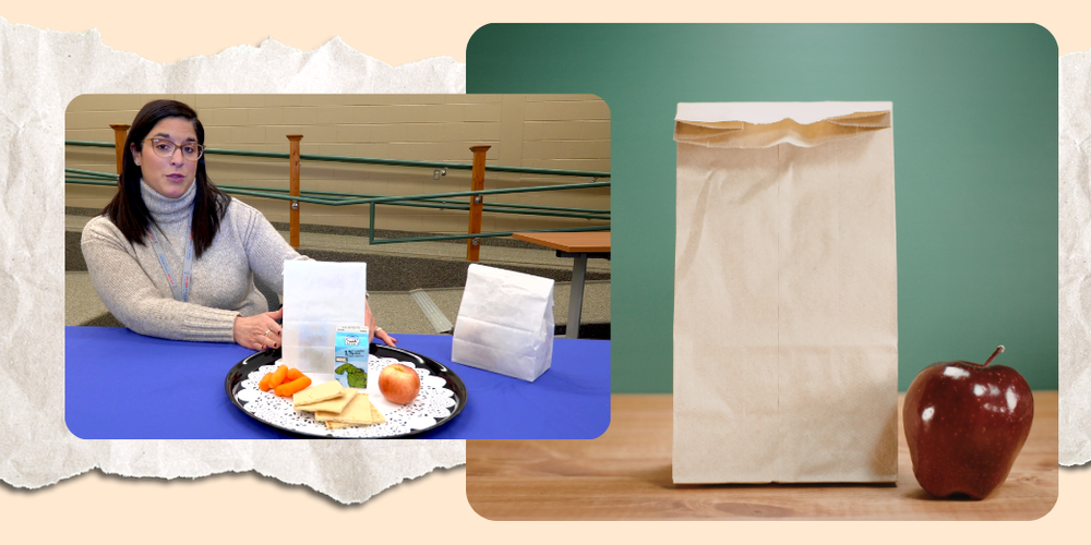 Woman with a paper bag and tray with lunch contents