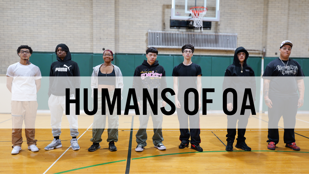 Students in gym wearing hoodies and T-shirts with text Humans of OA superimposed over the middle