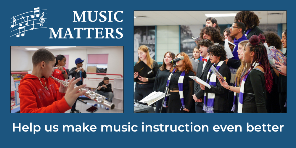 Photo of students playing clarinet at left and photo of students singing at right