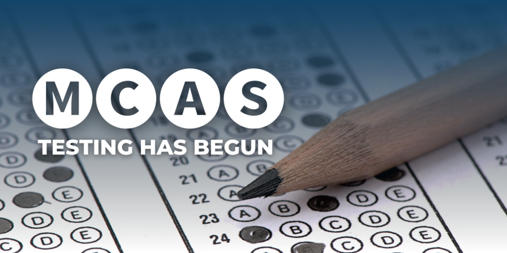 Bubble test sheet with pencil and text: MCAS testing has begun