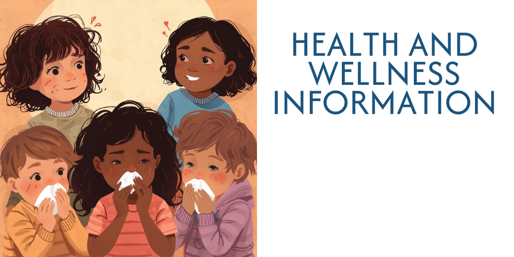 drawing of five childen with three sneezing into tissues