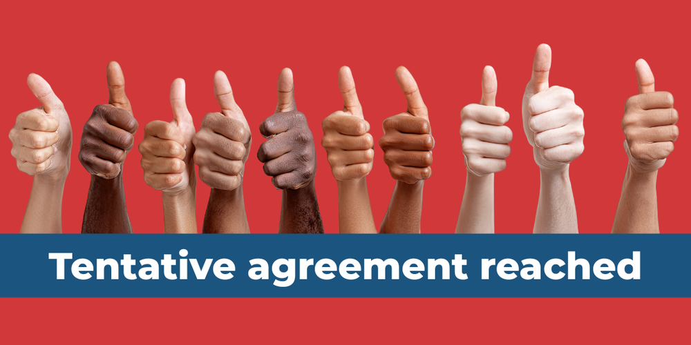 Red background with 10 hands making a thumbs up sign with text: "Tentative agreement reached"