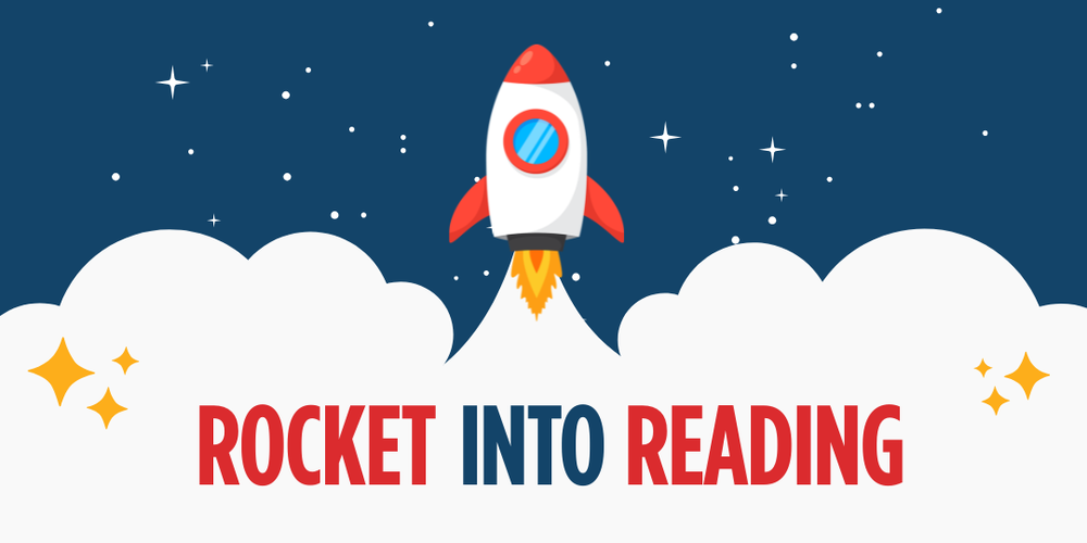 Rocket going up from clouds into a blue starry sky