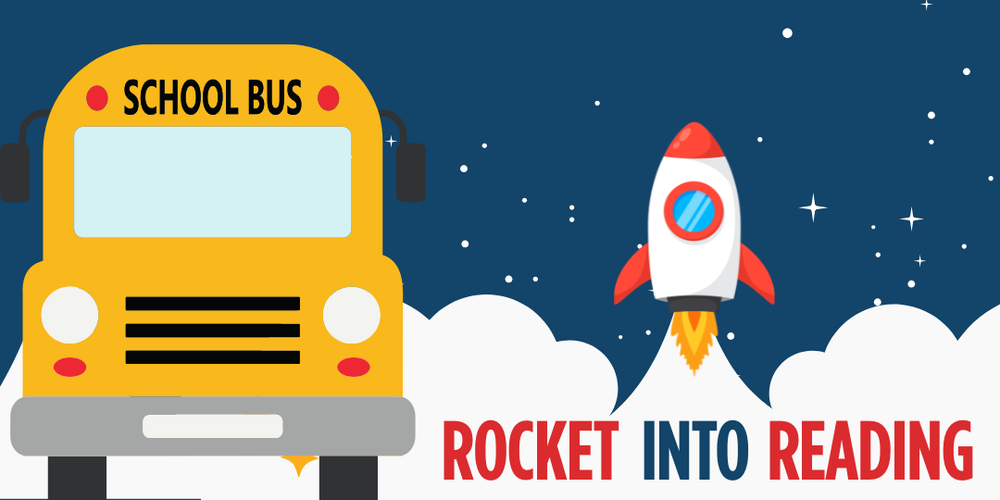 Rocket into Reading logo with school bus