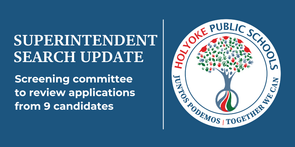 HPS logo with text: Superintendent search update—Screening committee to review applications from 9 candidates