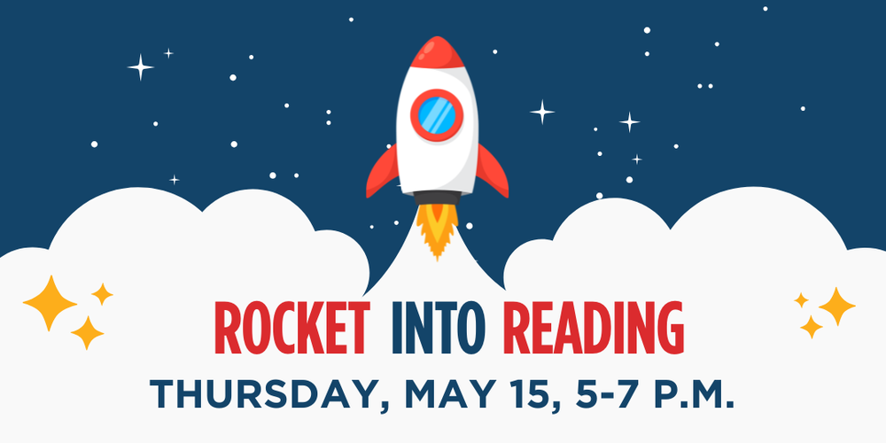 Rocket going up from clouds into a blue starry sky
