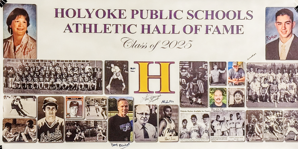 Banner with photos of athletes and text: Holyoke Public Schools Athletic Hall of Fame Class of 2025