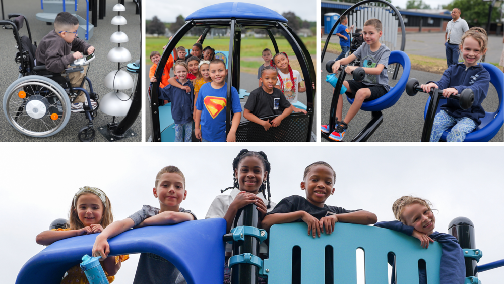 Collage of four photos depicting students enjoying playground equipment