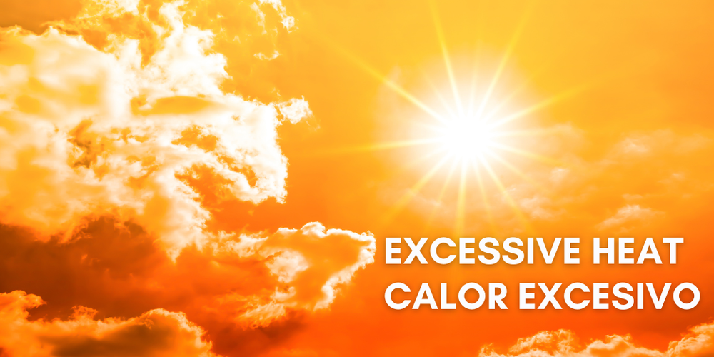 orange sky with clouds and bright sun with text excessive heat