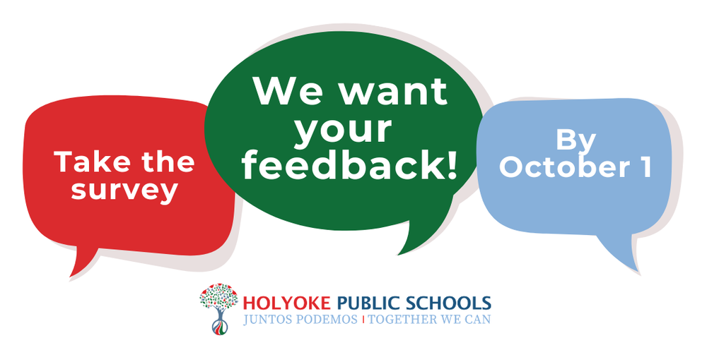Speech bubbles with text: Take the survey. We want your feedback! By October 1