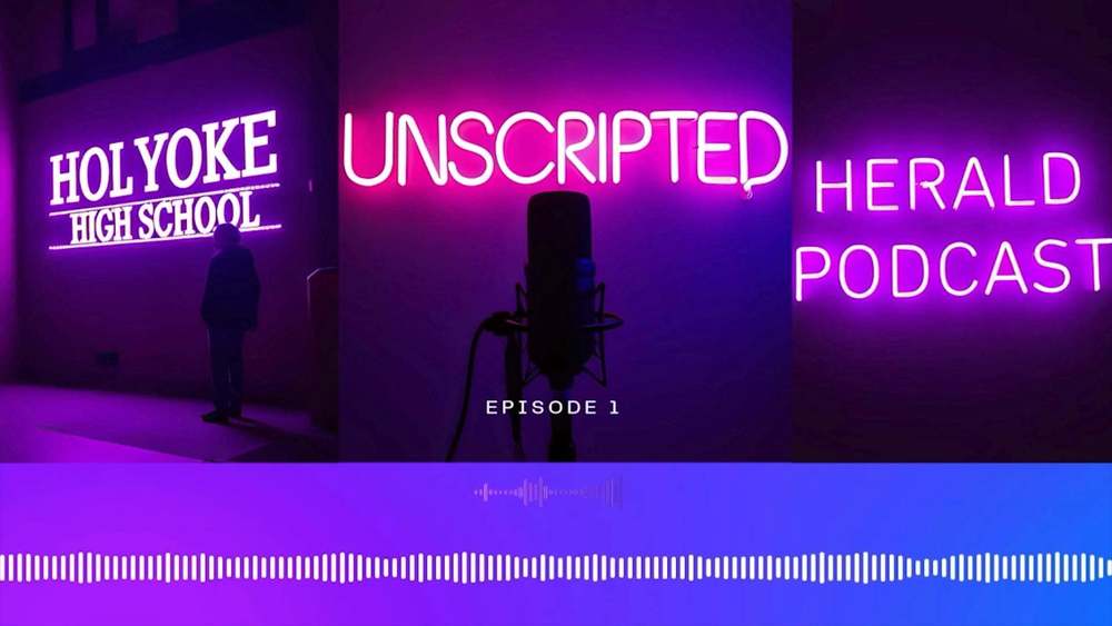 Silhouette of student against purple background with text: Holyoke High School Unscripted Herald Podcast