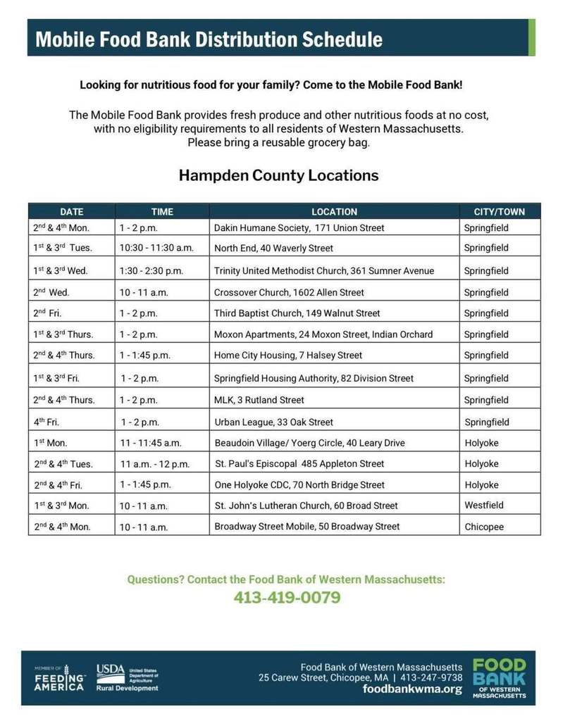 List of Hampden County locations for Mobile Food Bank distributions. Call 413-419-0079 for details.